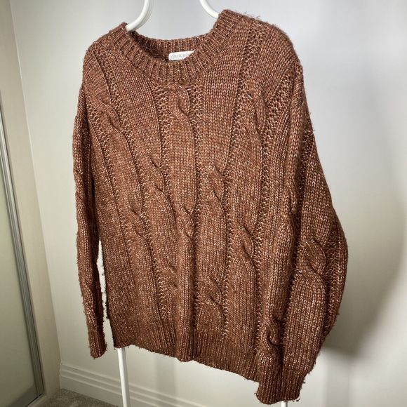Celtic & Co Cable Knit Crewneck Jumper Chunky Aran 100% Merino Wool Brown Medium - Picture 3 of 12
